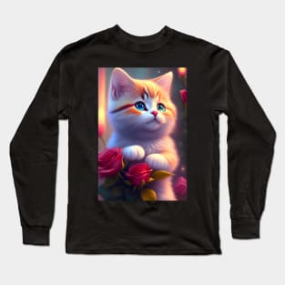 Illustration of adorable cat with roses - Modern digital art Long Sleeve T-Shirt